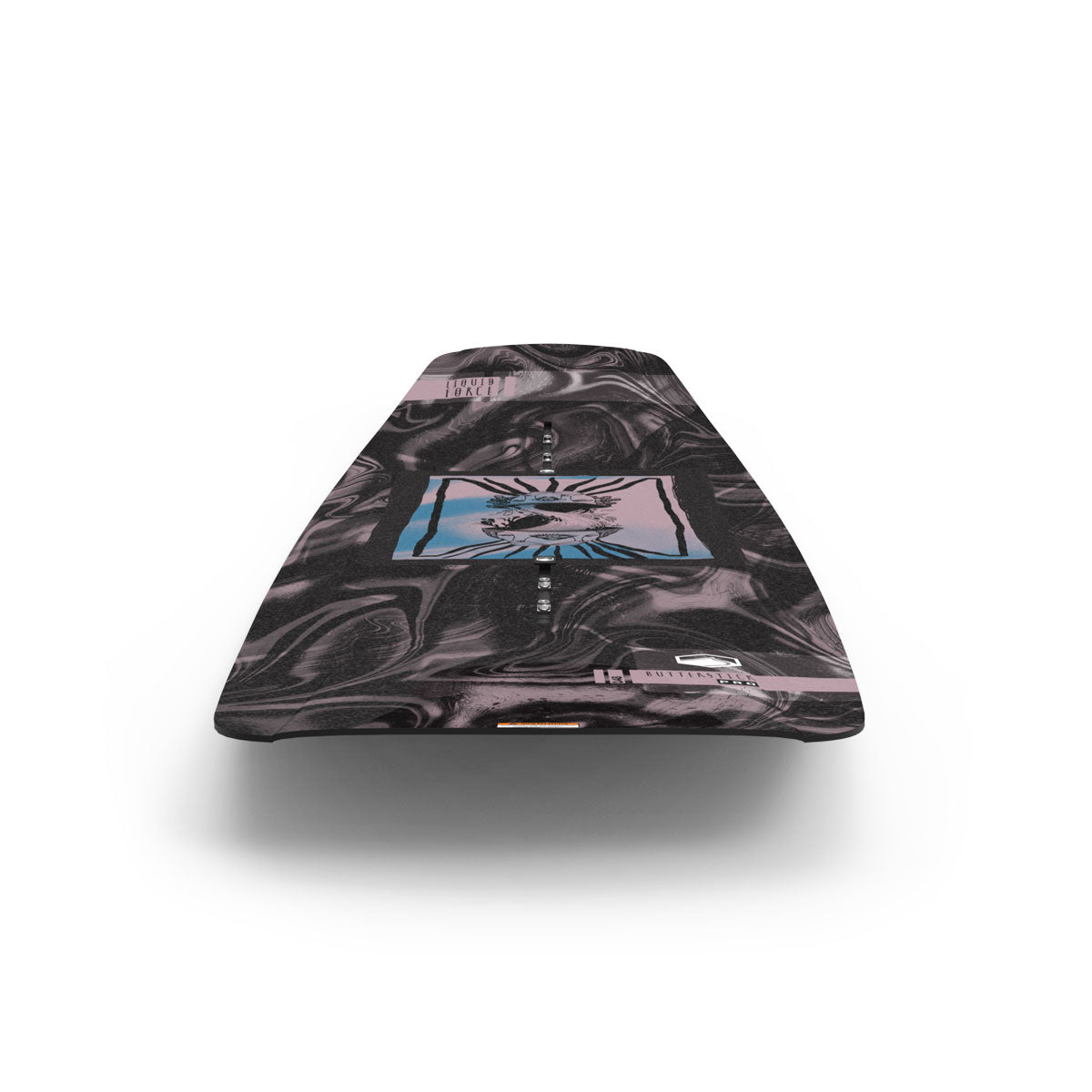 A black Liquid Force Park Wakeboard with abstract patterns and geometric design.