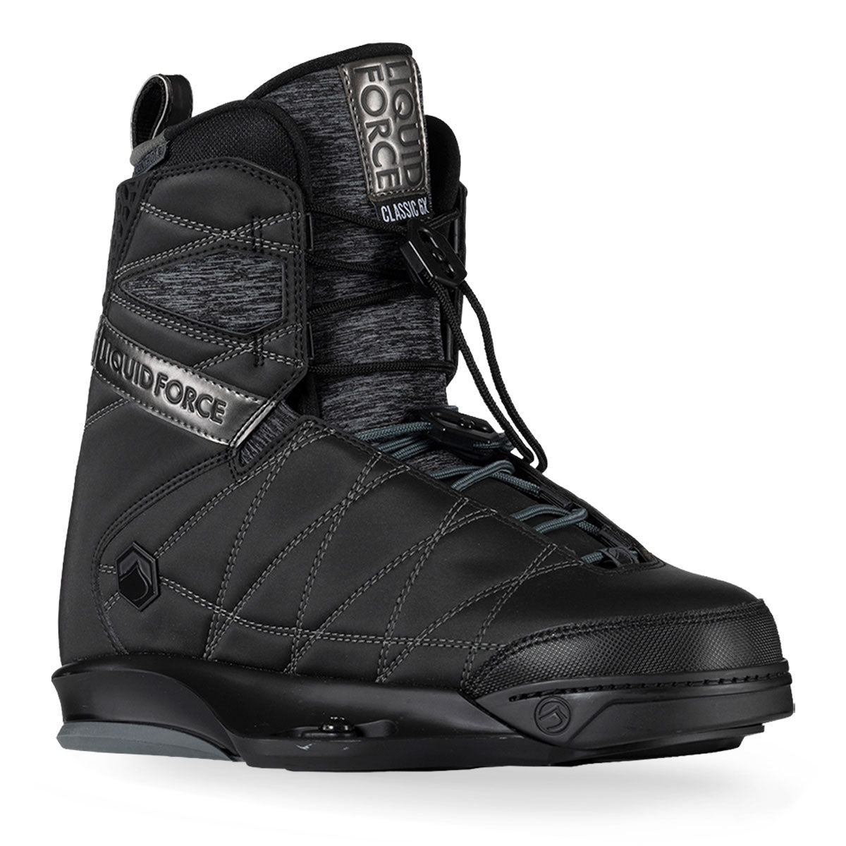 Black wake bindings with gray accents and laces, featuring logos on the side and tongue.