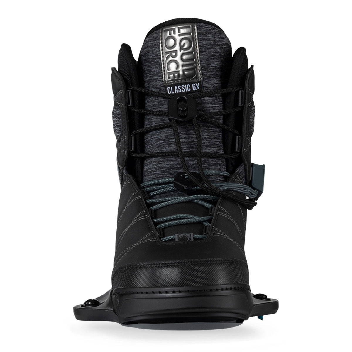 Front view of wakeboard boots, black with grey accents and laces.