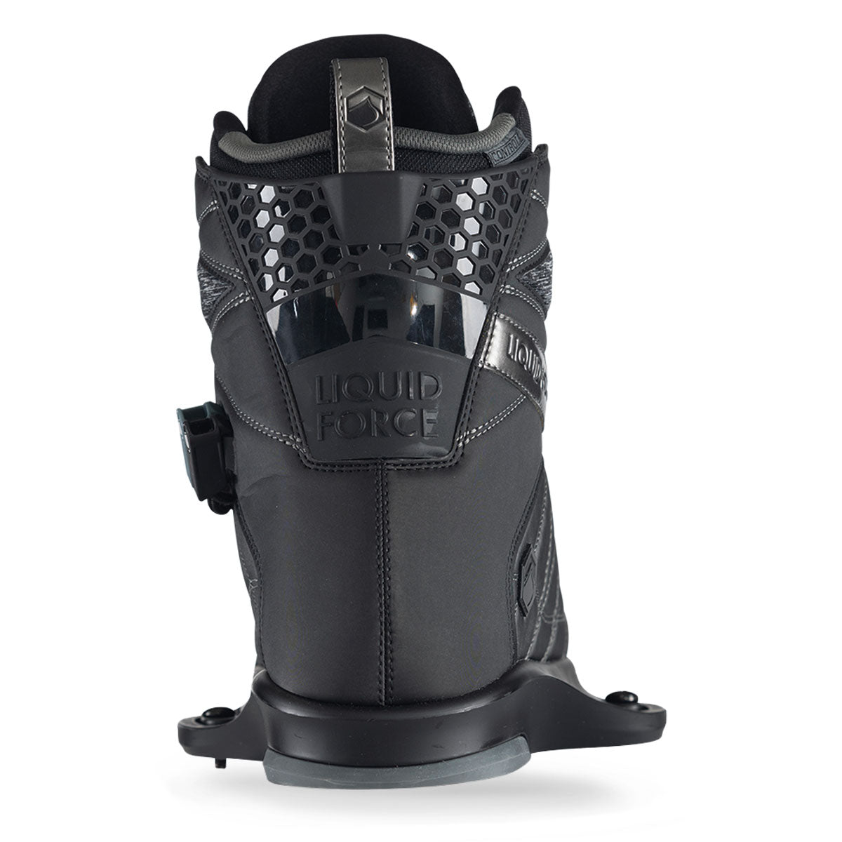 Rear view of a black wakeboard boot featuring a textured design and secure bindings.