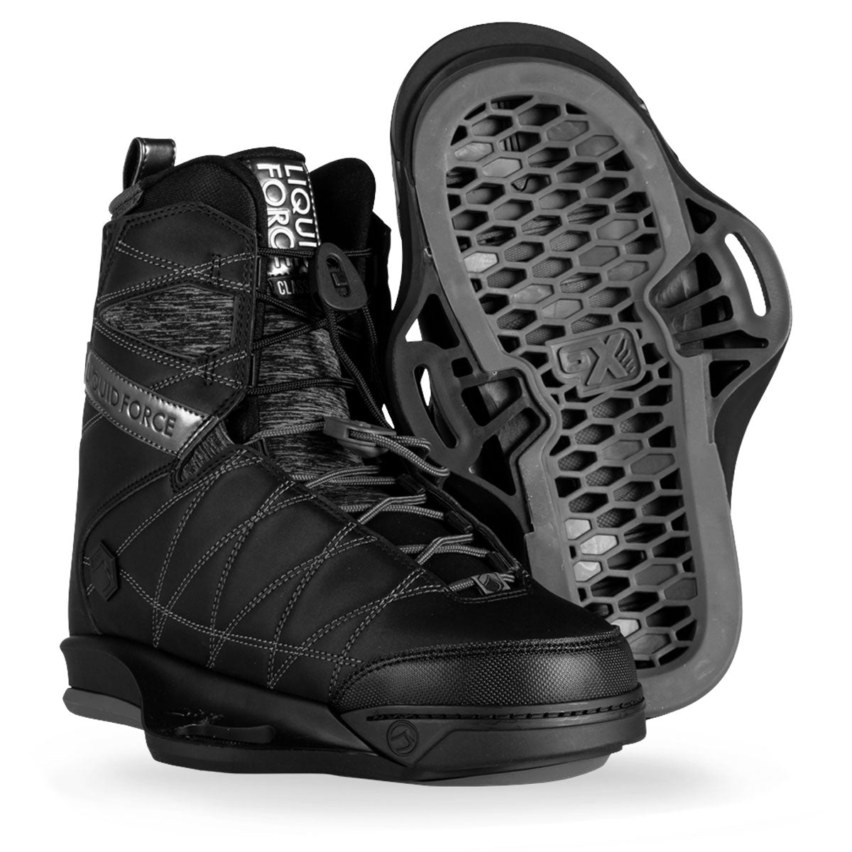 Black wake boots with gray soles feature a hexagonal grip pattern.