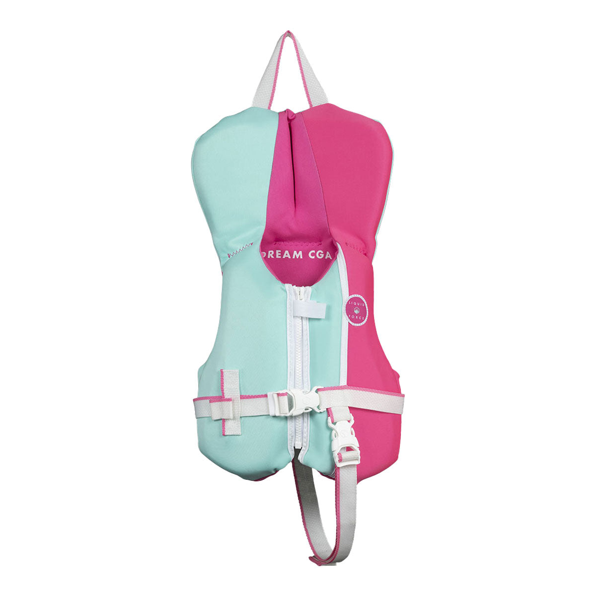 Front view of Dream Infant CGA life jacket in pink and teal, featuring straps and a buckle on white.