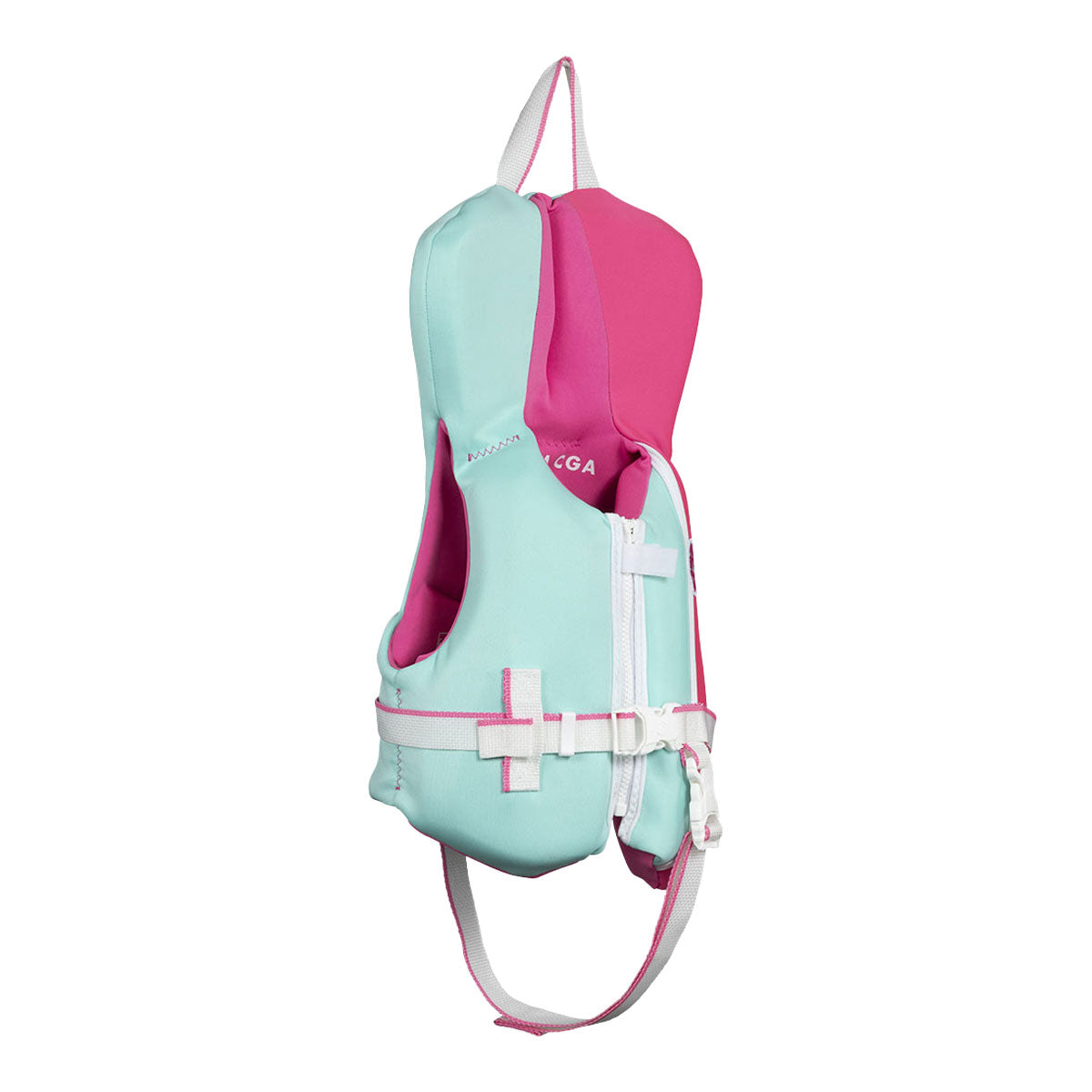 Front angled view of Dream Infant CGA life jacket in pink and teal with white straps and a top handle.