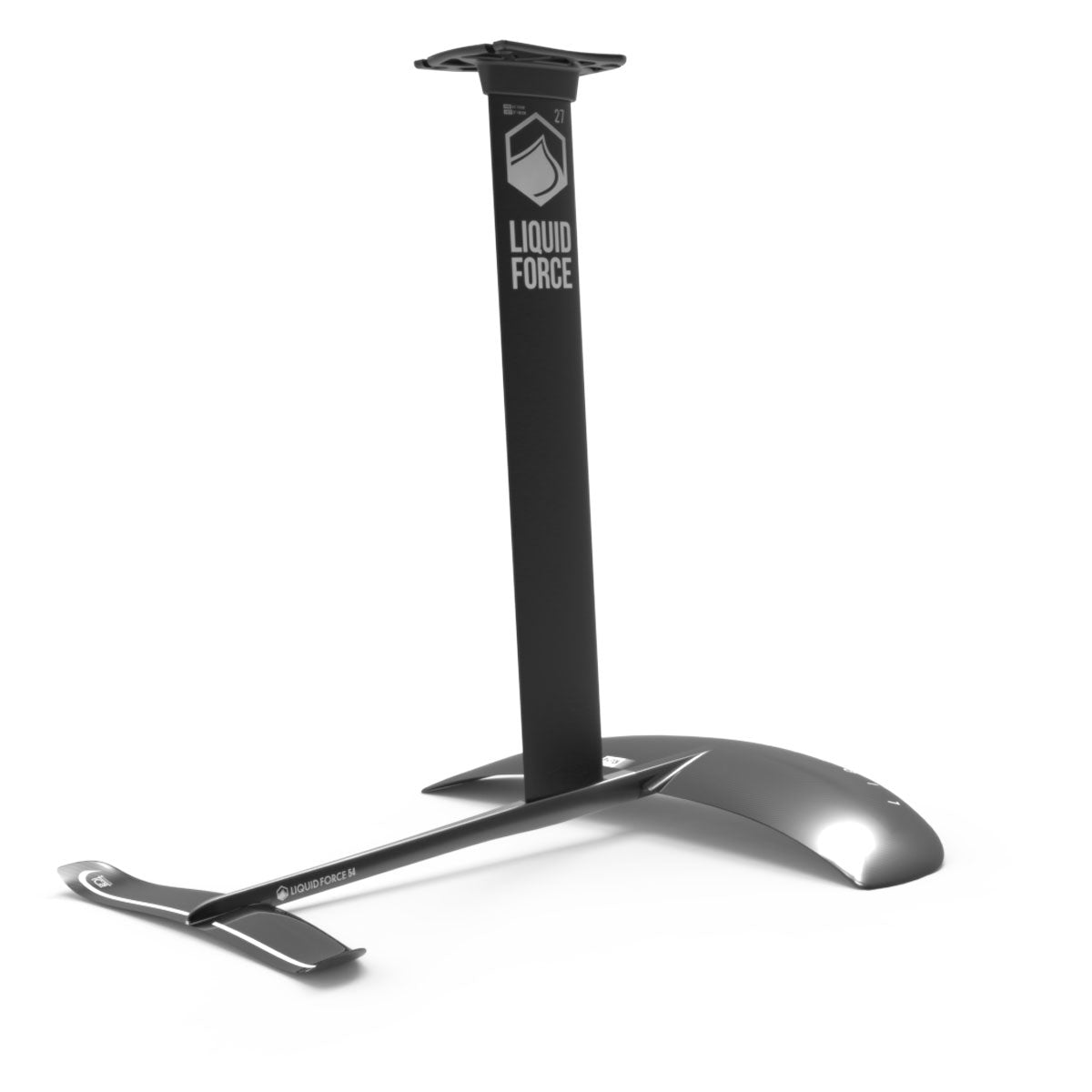 Rear angled view of black Flite 120 hydrofoil set on a white background.