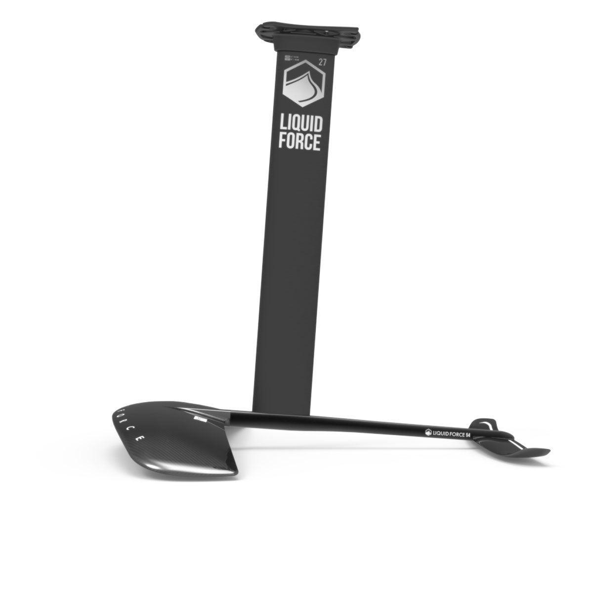 Side view of Liquid Force Flite 120 black hydrofoil set with white accents, against a white background.