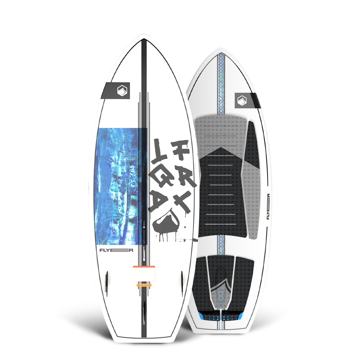 Top and bottom view of wakesurf board with abstract designs on white backgrounds.