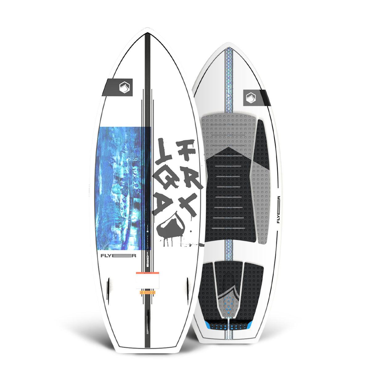 Top and bottom view of wakesurf board, white with blue accents and patterns, stand upright.