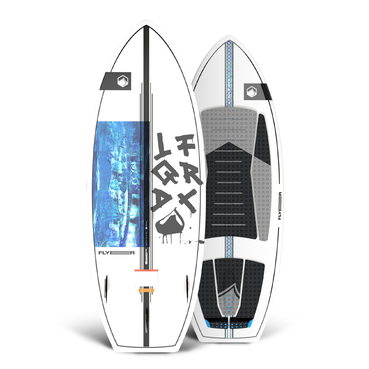 Top and bottom view of white wakesurf board with blue graphics and black accents, standing upright.