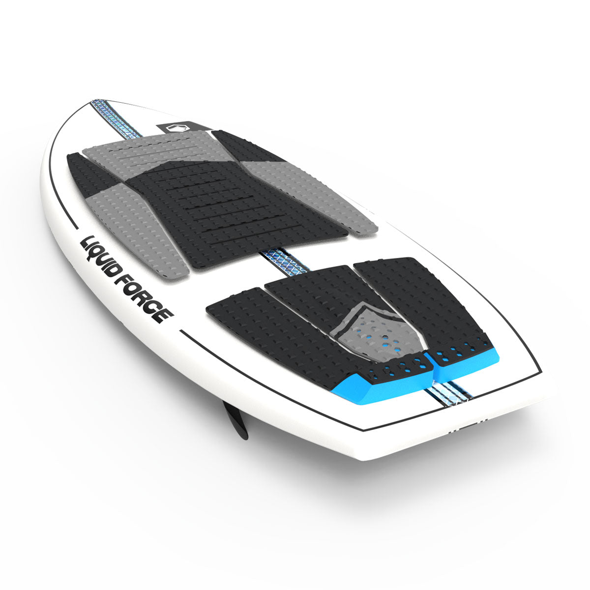 White wakesurfer, with black/blue/grey textured pads.