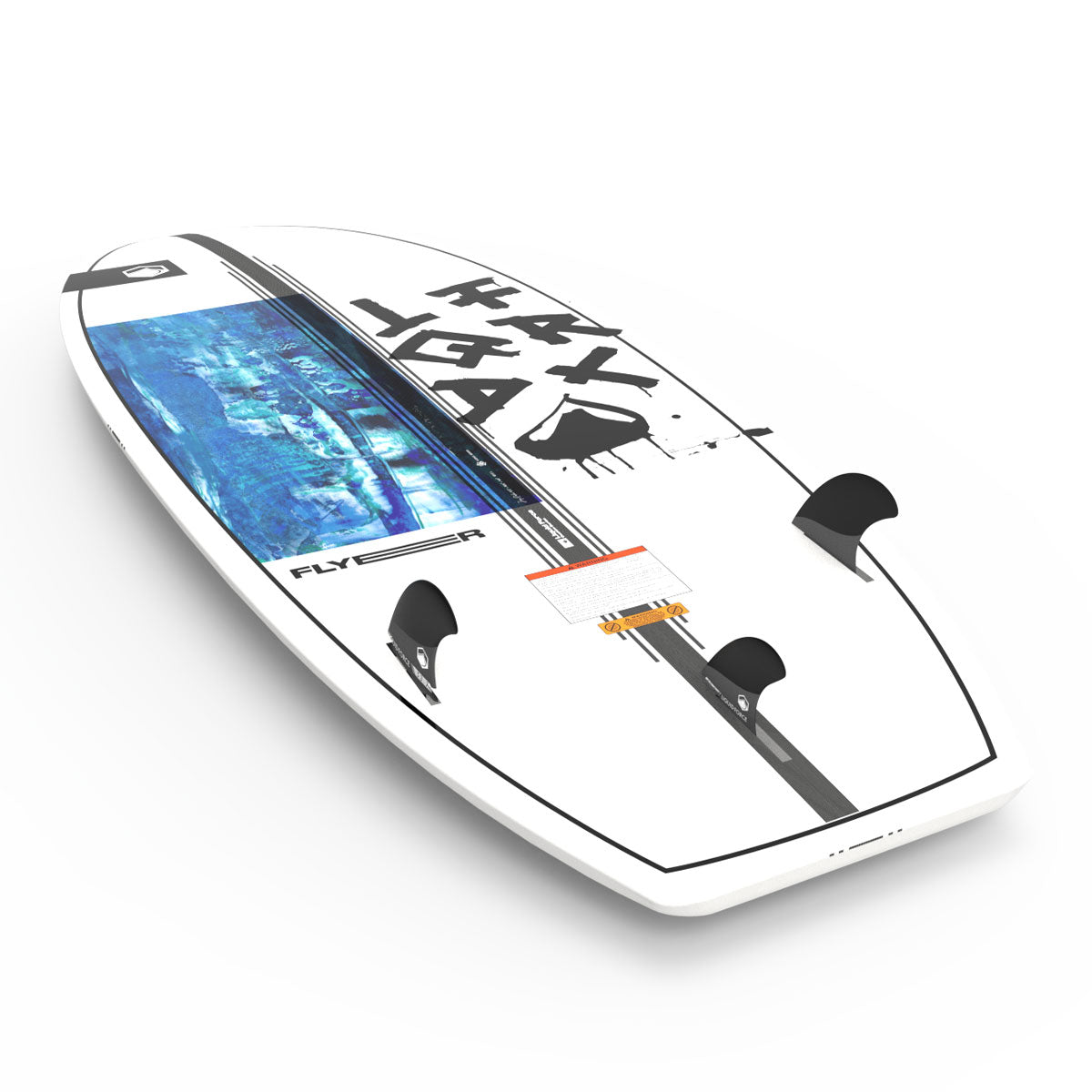 White wakesurf board with black design & fins, perfect for wakesurfing.
