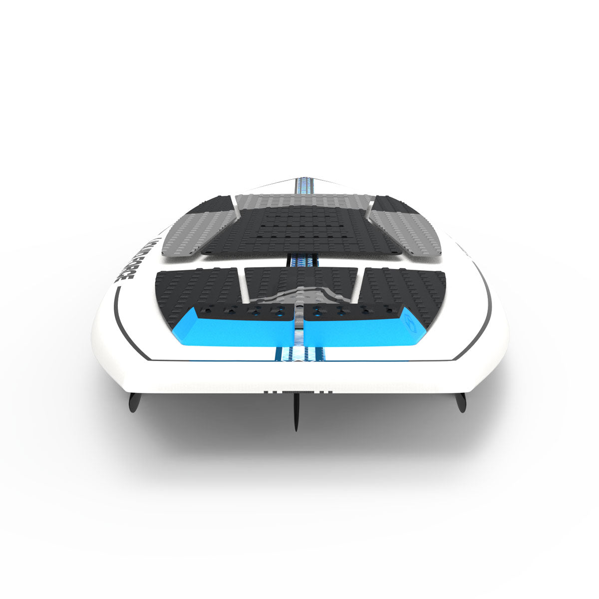 Tail view of a wakesurf board featuring white/black graphics, blue accents, black/grey traction pad.