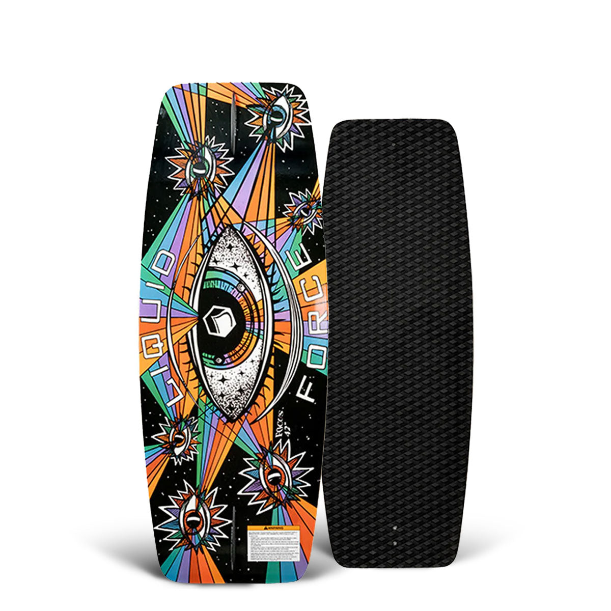 Top and bottom view of a vibrant wakeskate with eye design and abstract patterns.