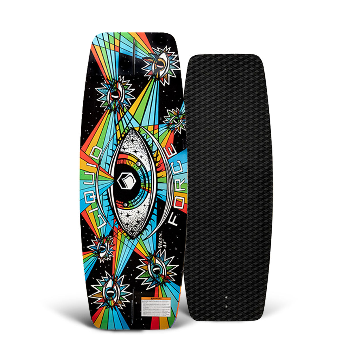 Top and bottom view of a vibrant wakeskate with eye design and Liquid Force text.