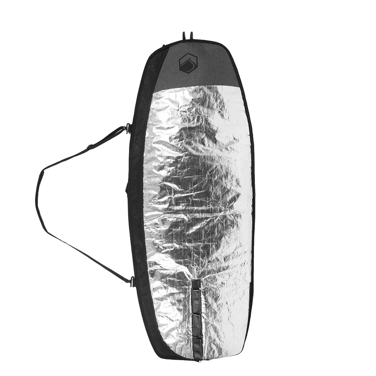 Foil Board Bag, silver with black edges and a shoulder strap.