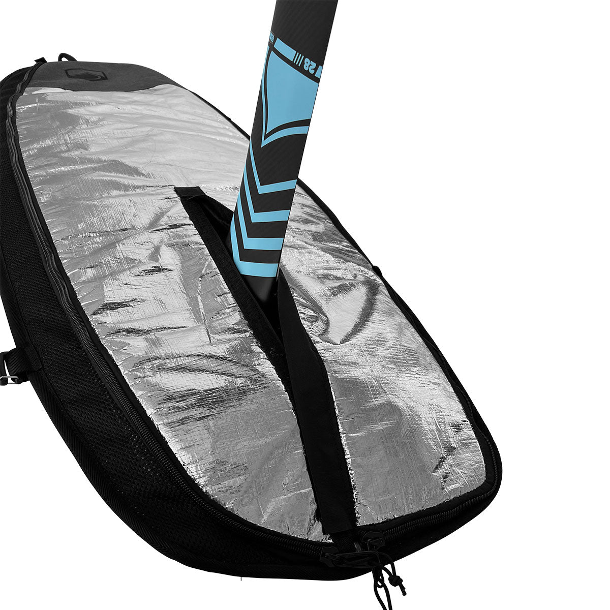 A partially open Foil Board Bag reveals a blue and black surfboard inside.