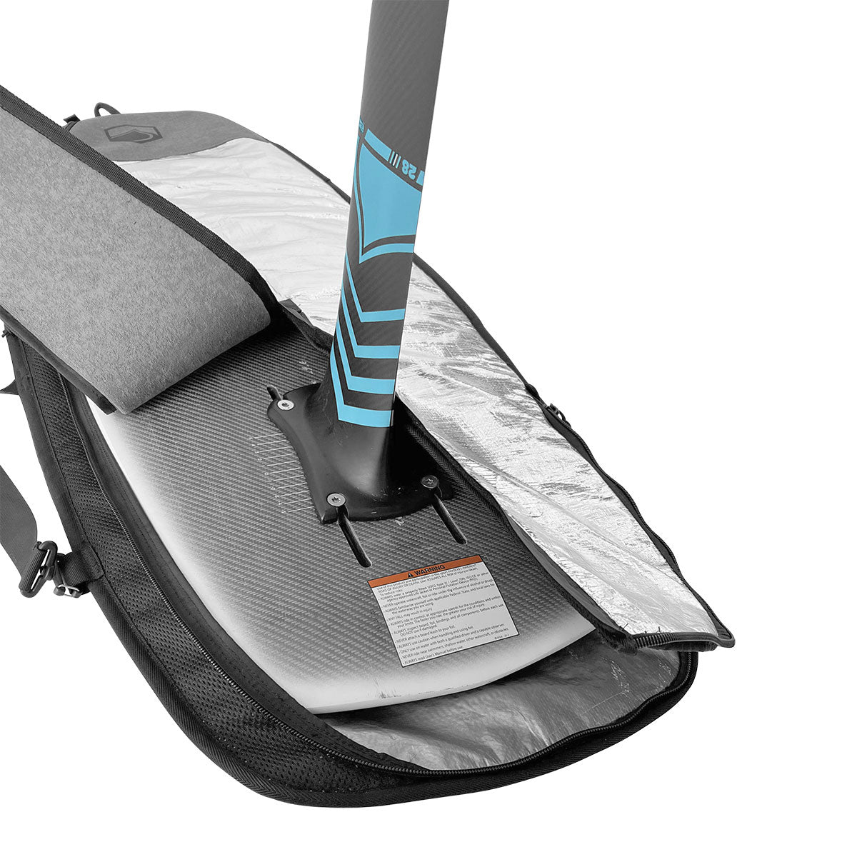 Foil Board Bag with paddle in a grey and black travel bag.