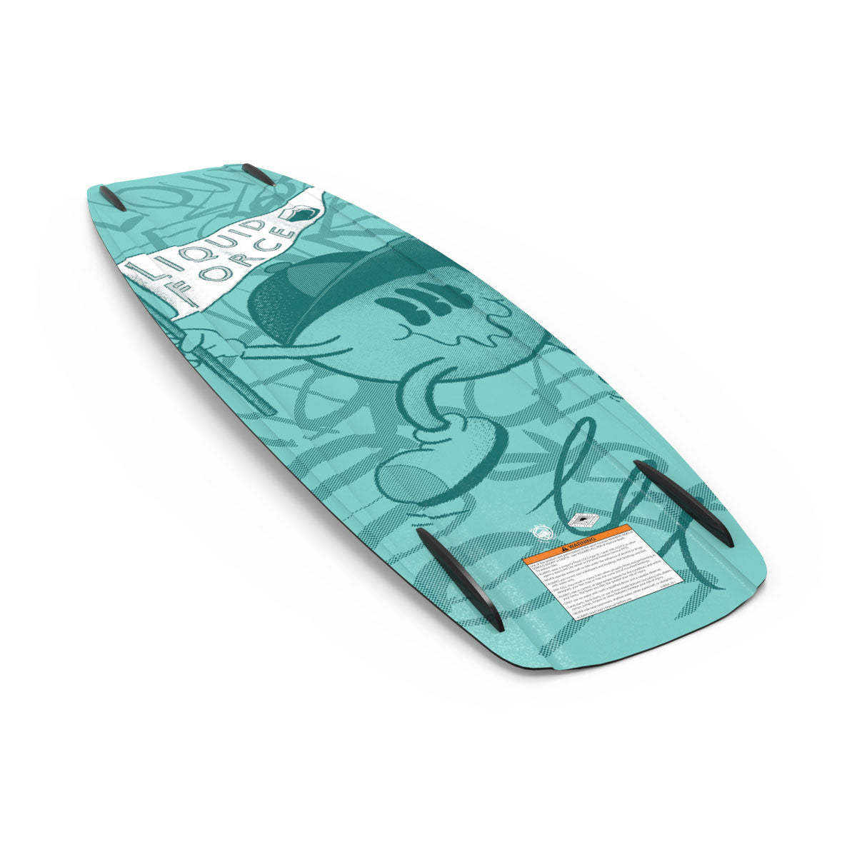 Teal wakeboard with abstract design and Liquid Force branding.