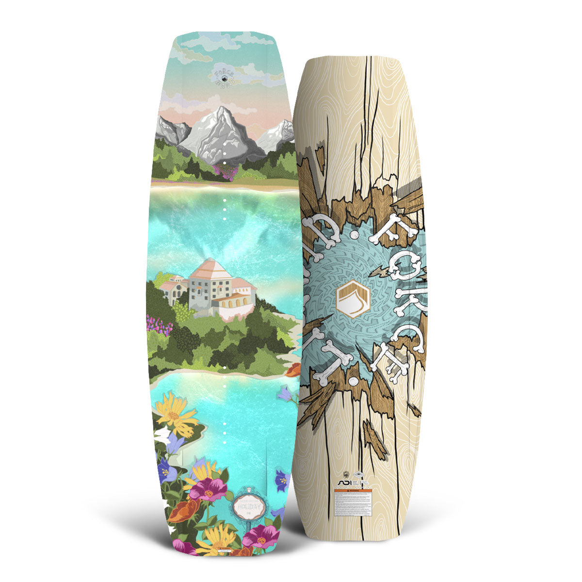 Top and bottom view of Liquid Force park wakeboard with nature and abstract motifs.