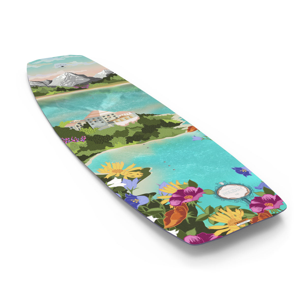 Liquid Force wakeboard with a tropical beach, floral, and mountain scene.
