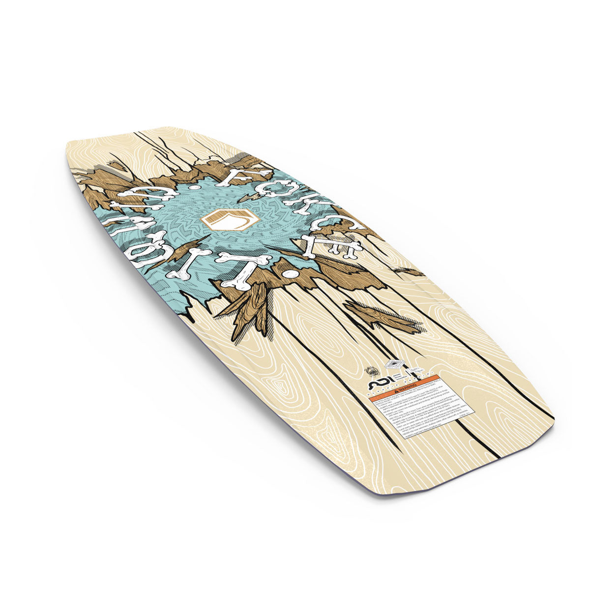 Liquid Force Park wakeboard features a wood-like design with turquoise and white graphics.