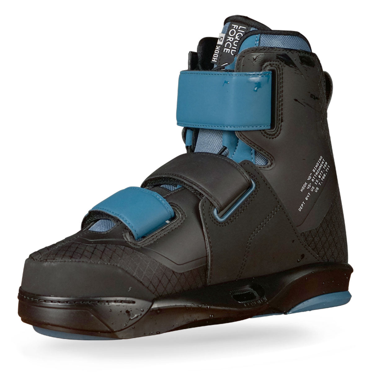 Liquid Force wakeboard boots in black and blue, featuring velcro straps and a textured finish.