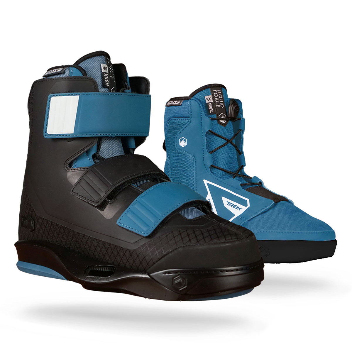 Liquid Force high-top athletic shoes, black & blue with strap bindings for a secure fit.