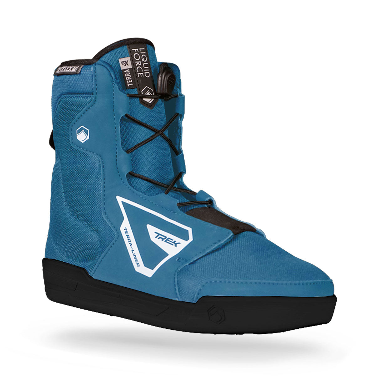 Blue and black Liquid Force boot with laces and white logo, perfect for wakeboard bindings.