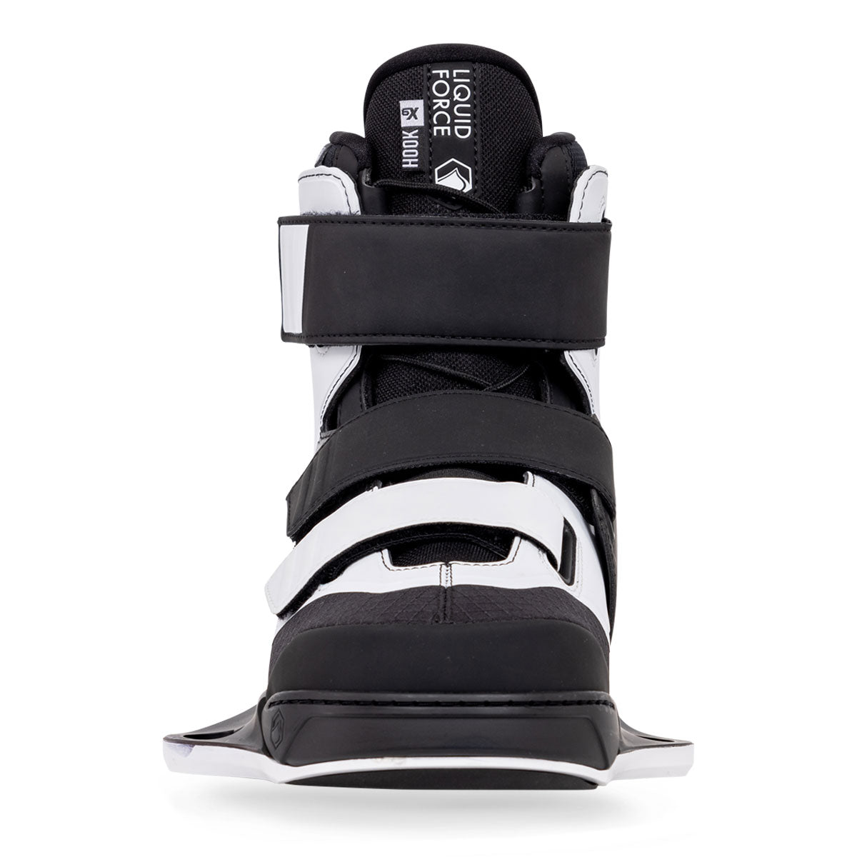 Liquid Force wake bindings in black/white, featuring straps and brand logo.