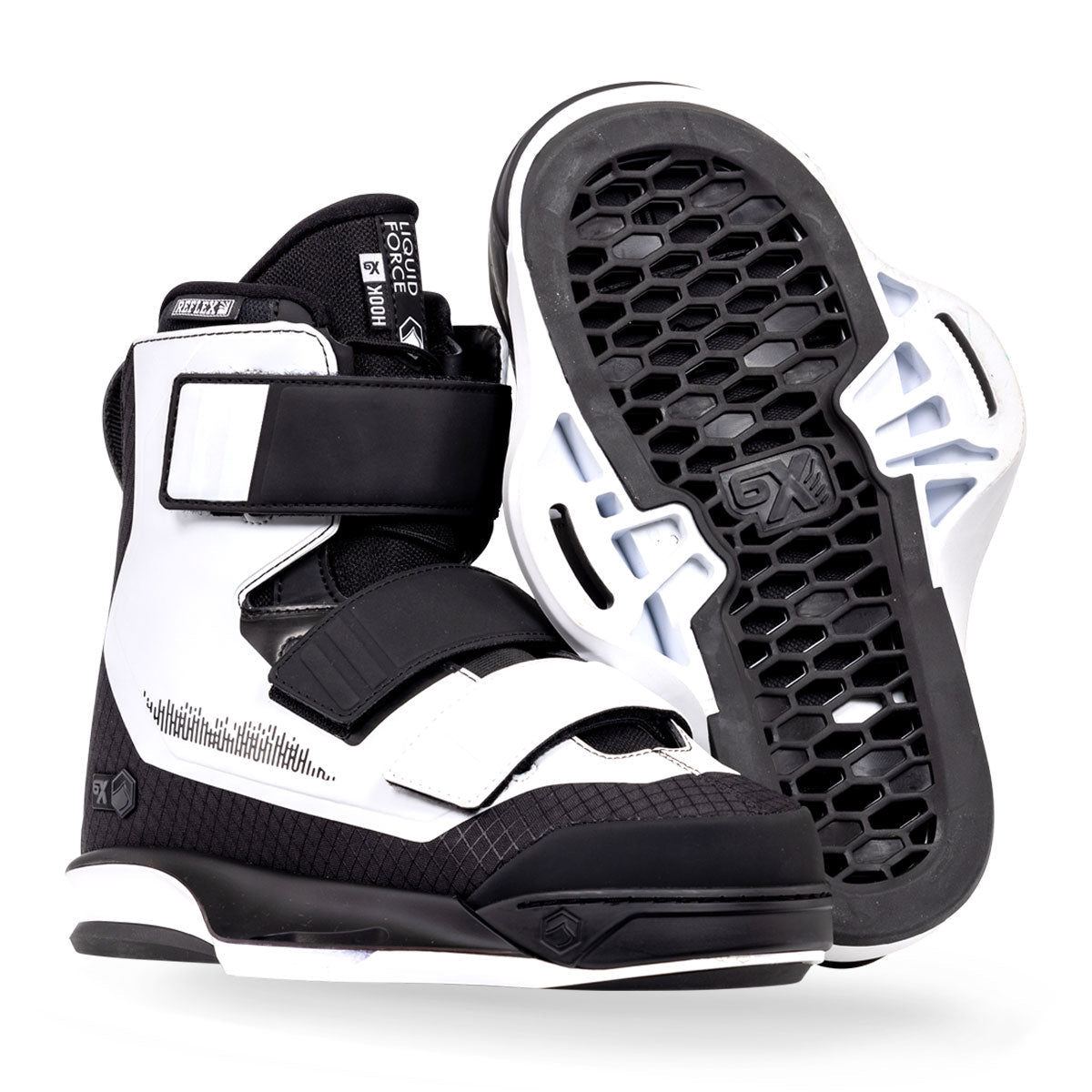 Black and white wakeboard boots with Velcro straps and hexagonal soles.