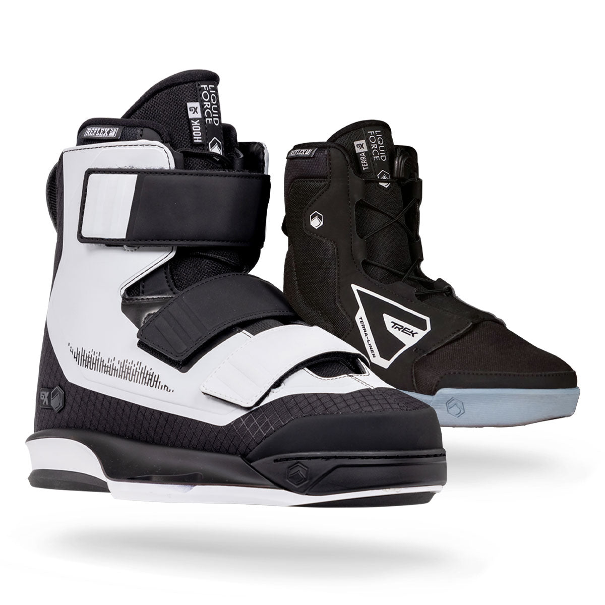 Black and white high-cuff wakeboard boots with a three strap velcro closure.