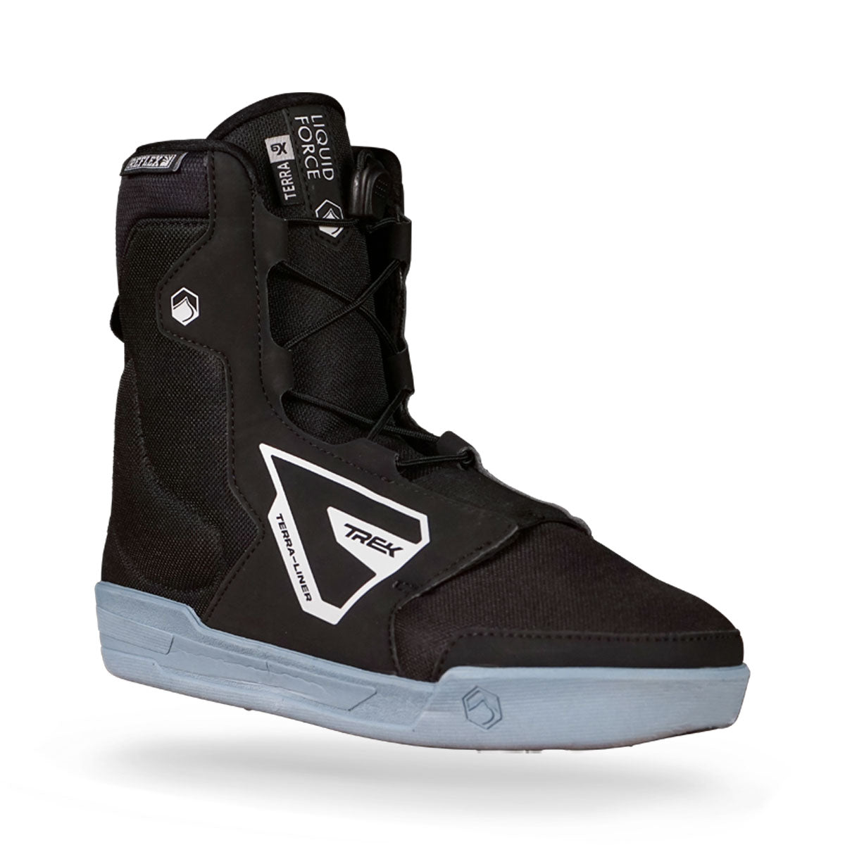 Liquid Force high-top sneaker in black and gray with a geometric design, white accents, and resembling wakeboard boots.