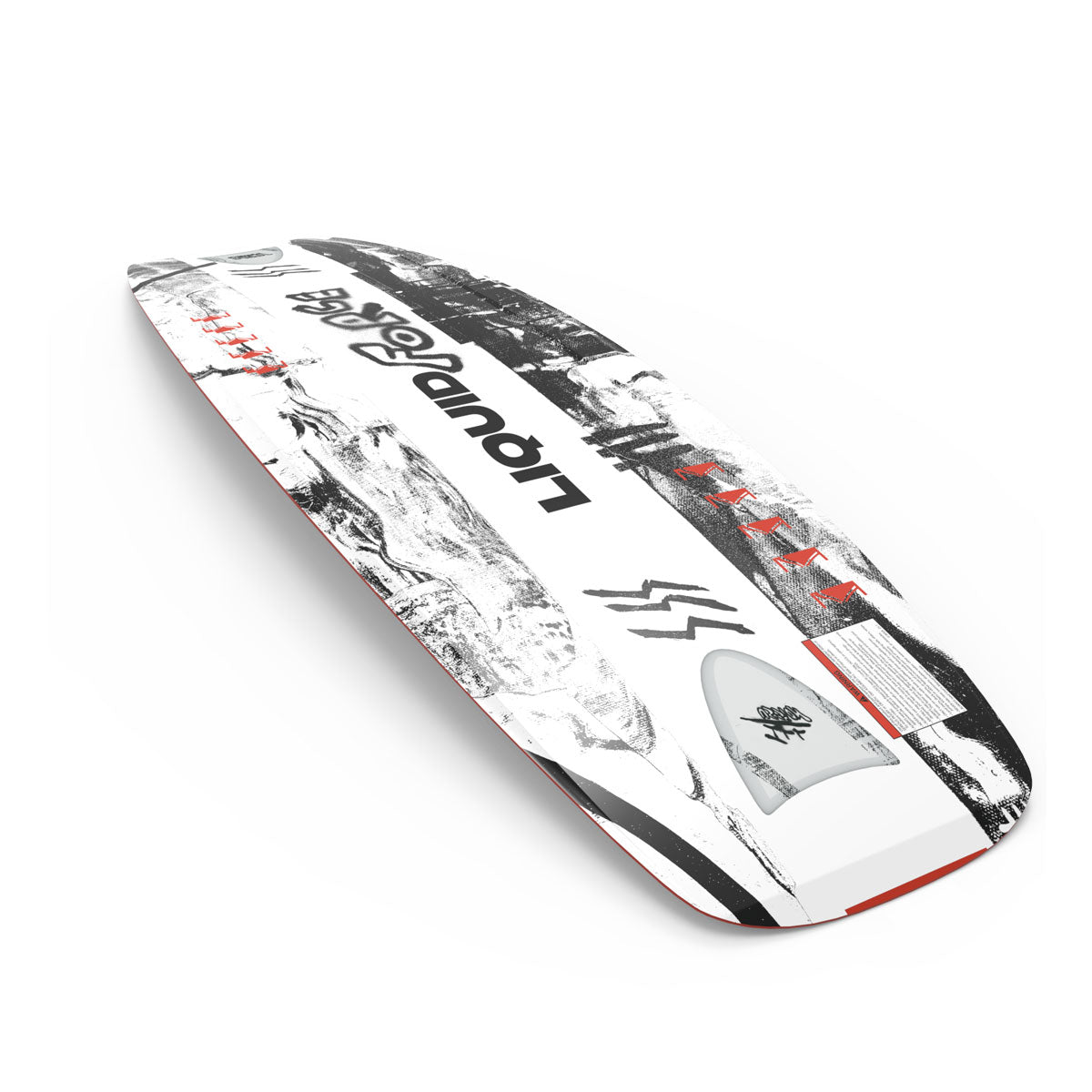 Angled bottom view of a wakeboard with white with black abstract design, logos, and lifted rail.