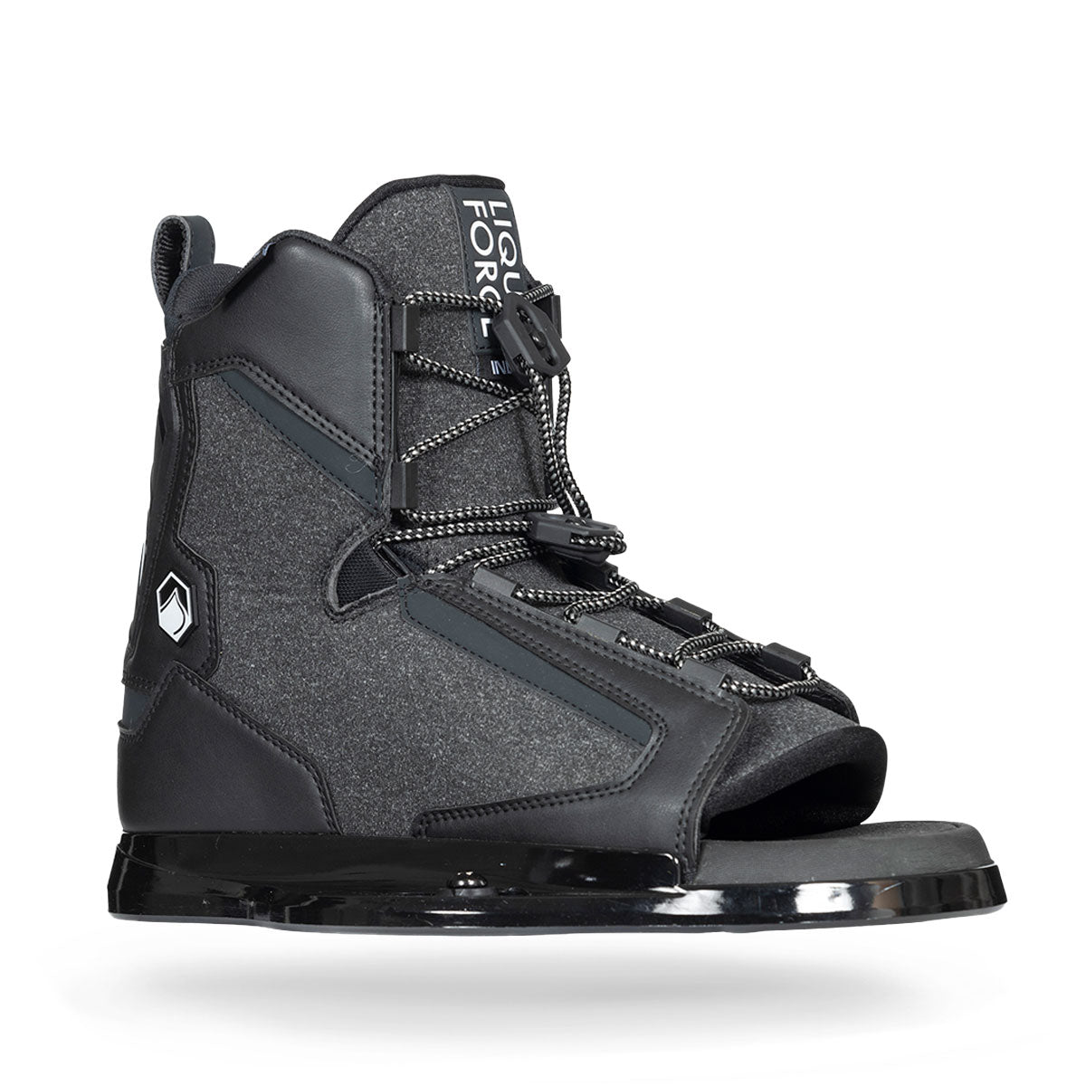 Black wakeboard boots with a soft lining and lace-up front, mounted on a black base plate.