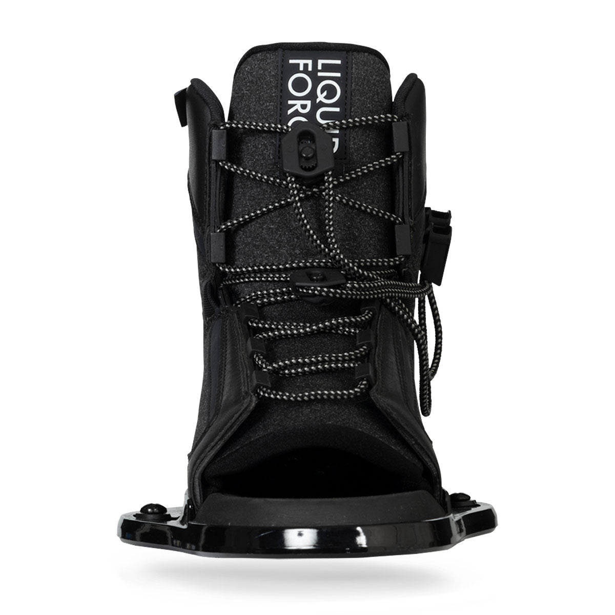 Rear view of black wakeboard boots feature laces, an adjustable strap, and logo on the tongue.