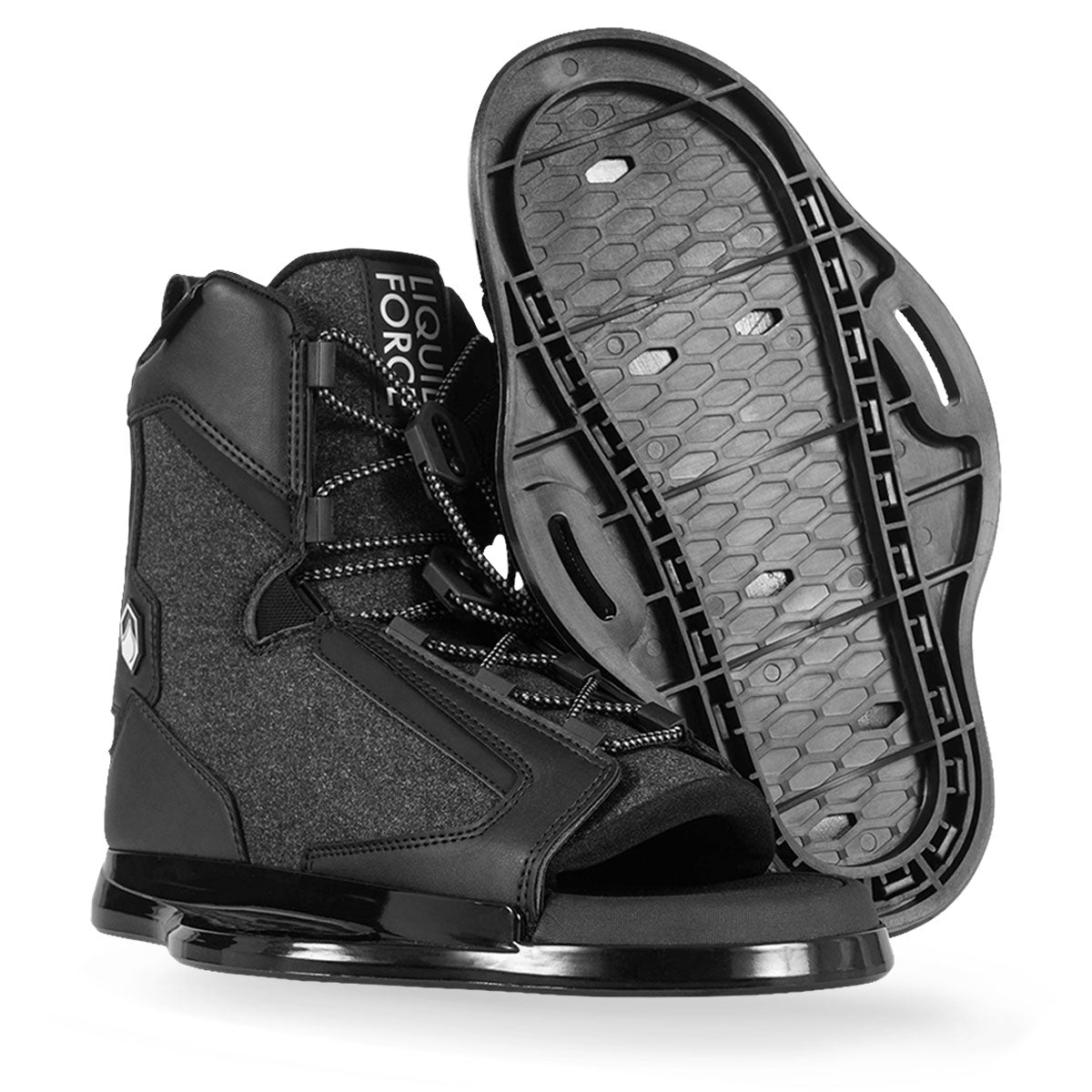 Wakeboard boots in black, open-toe design, laces, textured sole.