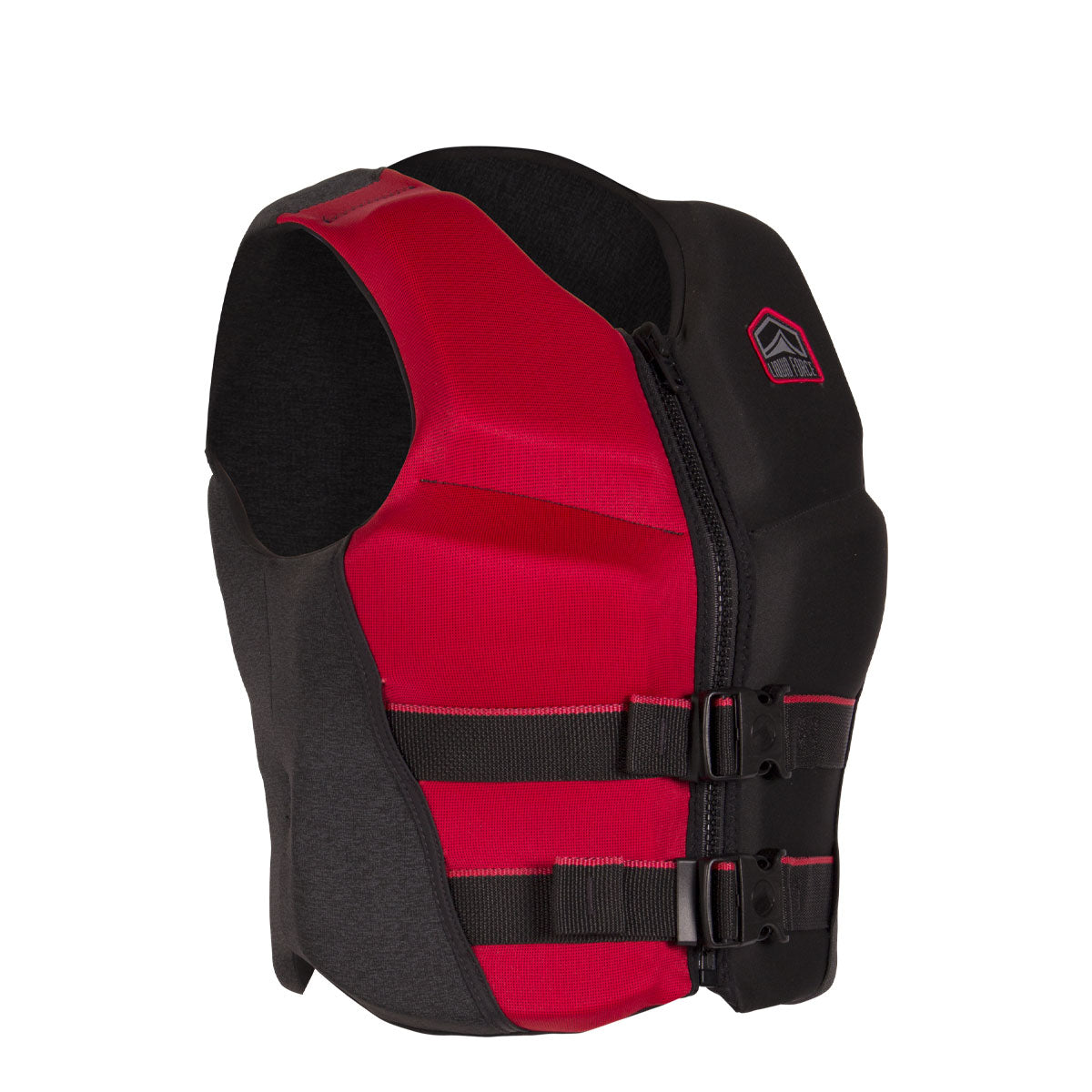 Front angled view of KOA Junior CGA life jacket in red/black with buckles and front zipper.