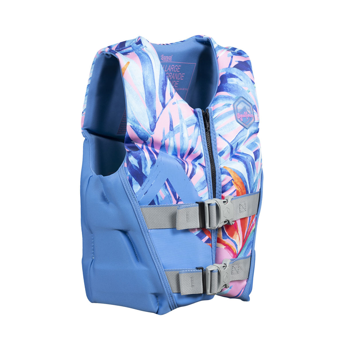 Front angled view of Lanai Youth CGA life jacket with floral pattern and adjustable gray buckles.