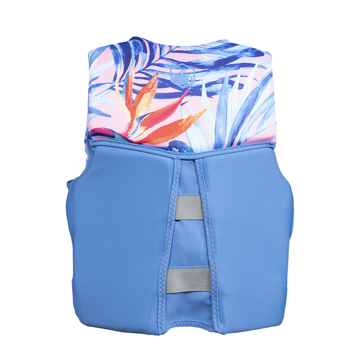 Rear view of Lanai Youth CGA life jacket with a bold tropical floral design.