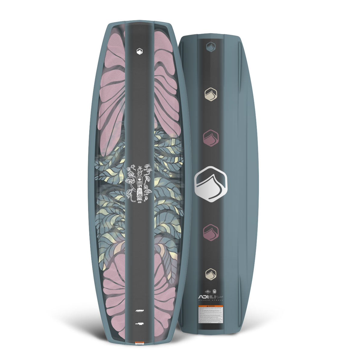 Front and back view of grey & pink wakeboard, one with a floral design, the other black and gray.