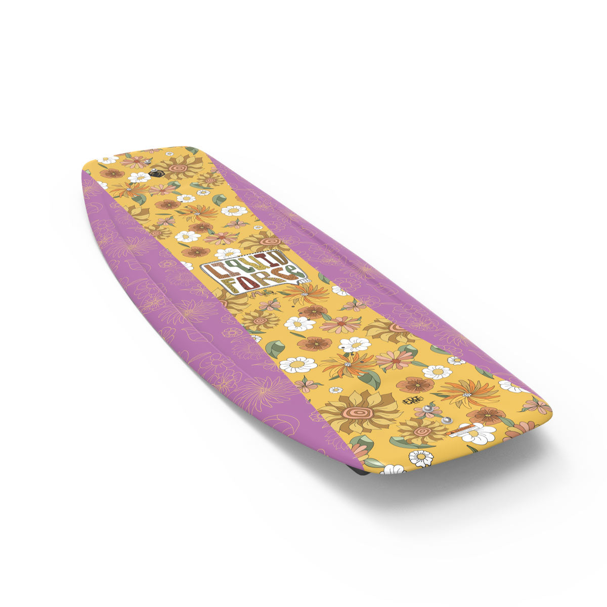 Wakeboard angled top view that has a floral design with yellow, pink, and white flowers and a centered logo.