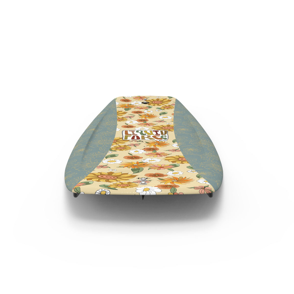 Top view of a wakeboard with green edges and a floral design with daisies and yellow flowers.