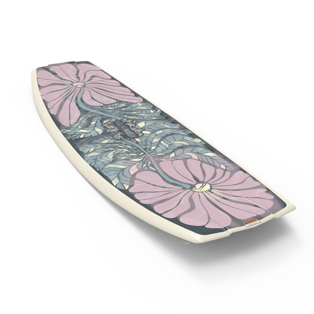 Liquid Forces M.E. wakeboard features a pink floral design on a white background.