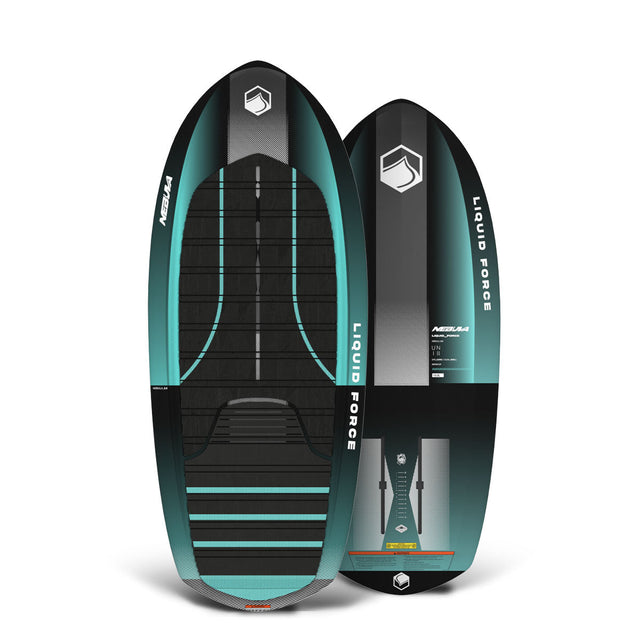 Top and bottom view of Nebula Foil board in black and teal, showing branding and deck detail.