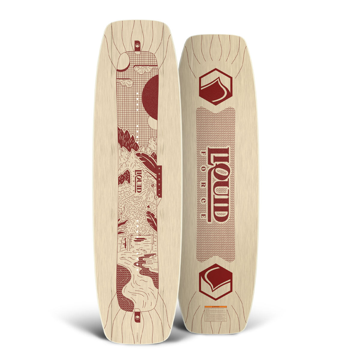 Top and bottom view of sandalwood wakeboard with maroon designs and LOUD branding by Liquid Force.
