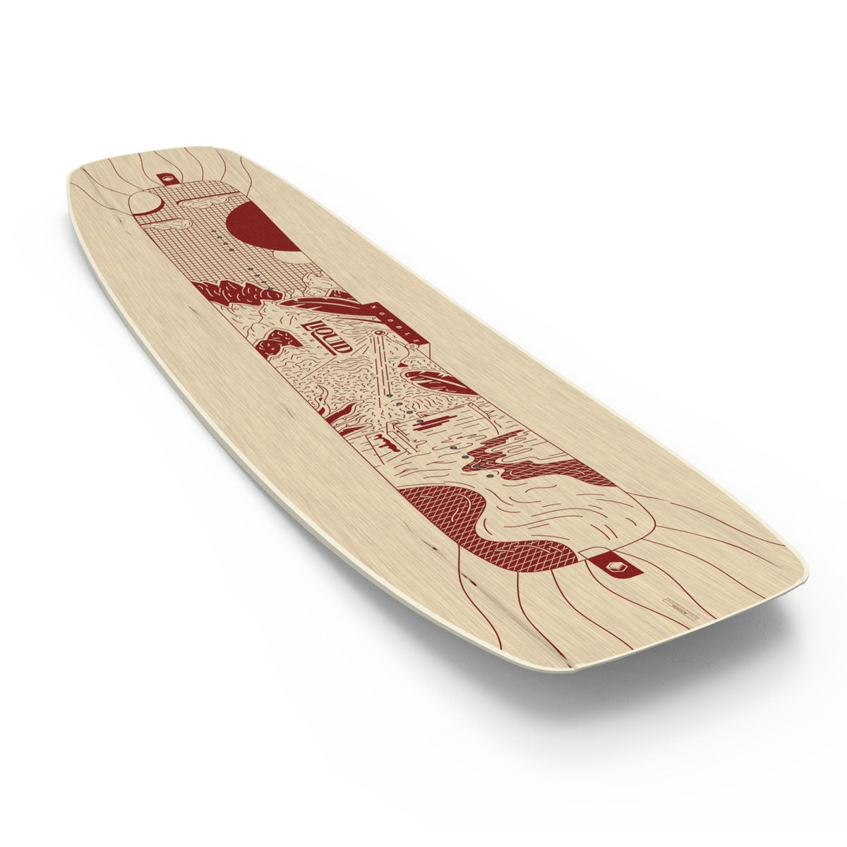 A Liquid Force park wakeboard with a red illustrative design on a wooden deck.