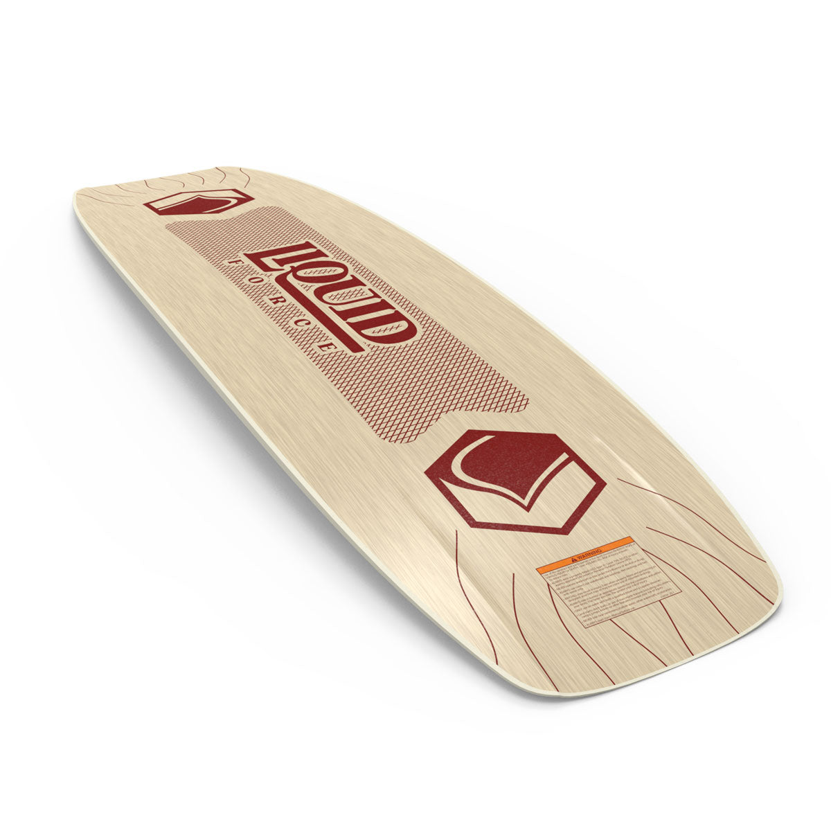 Liquid Force wakeboard with red graphics on a white background.