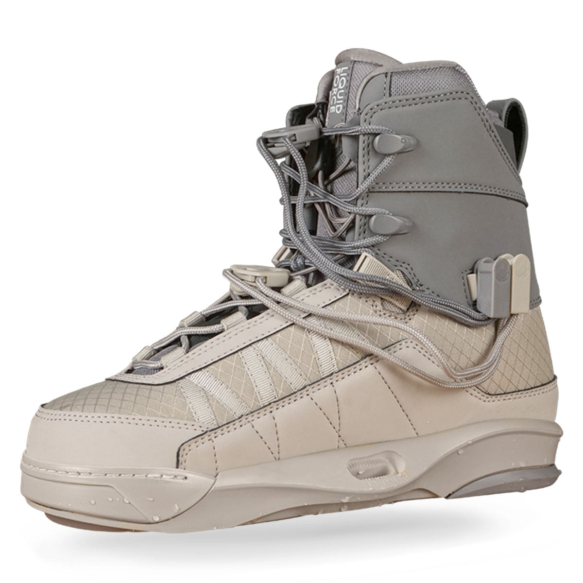 Side view of a light beige and grey wakeboard boot with a textured design, secured lacing & ankle support.