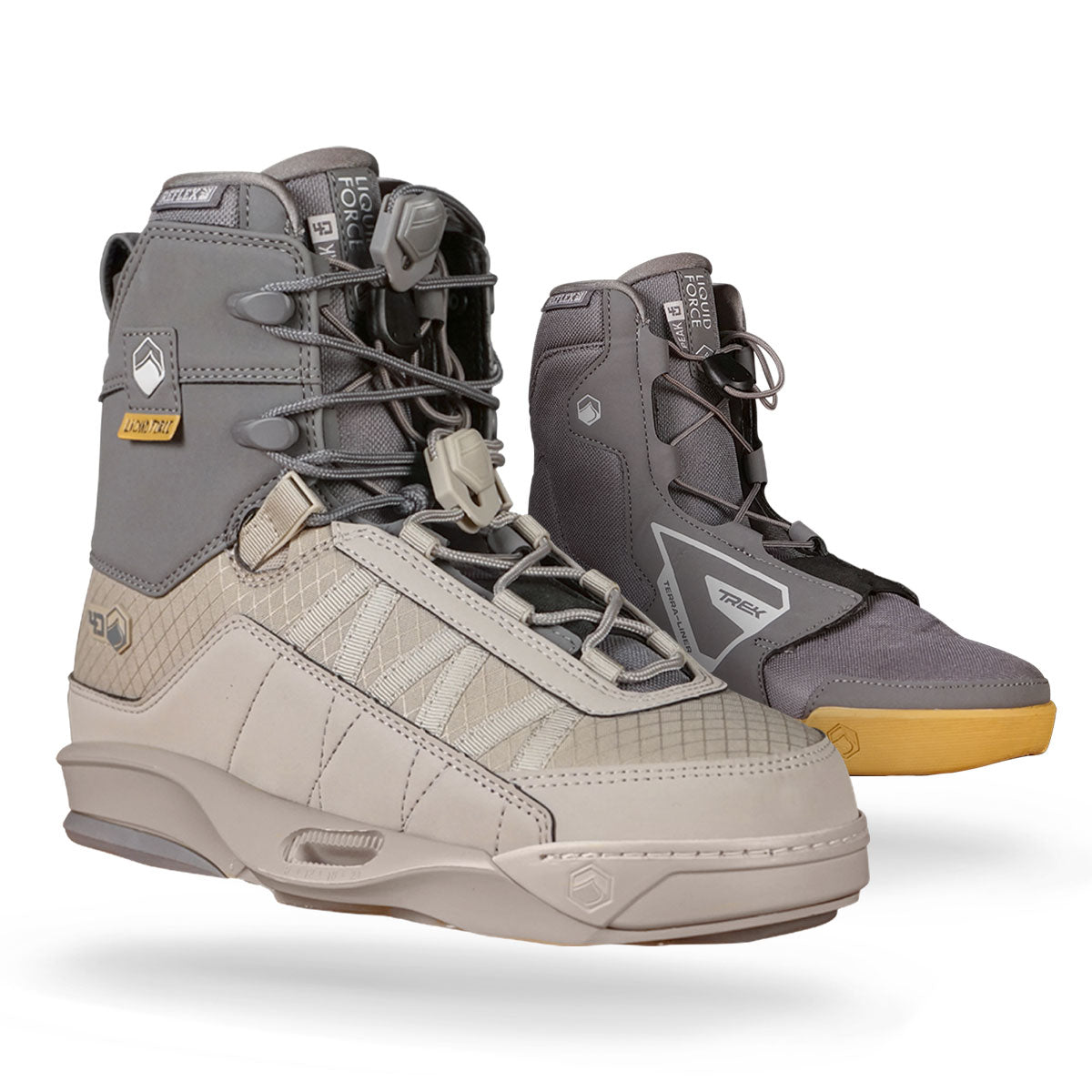 Two gray and beige wakeboard bindings with textured panels, lace details, and Terra Trek Liners.