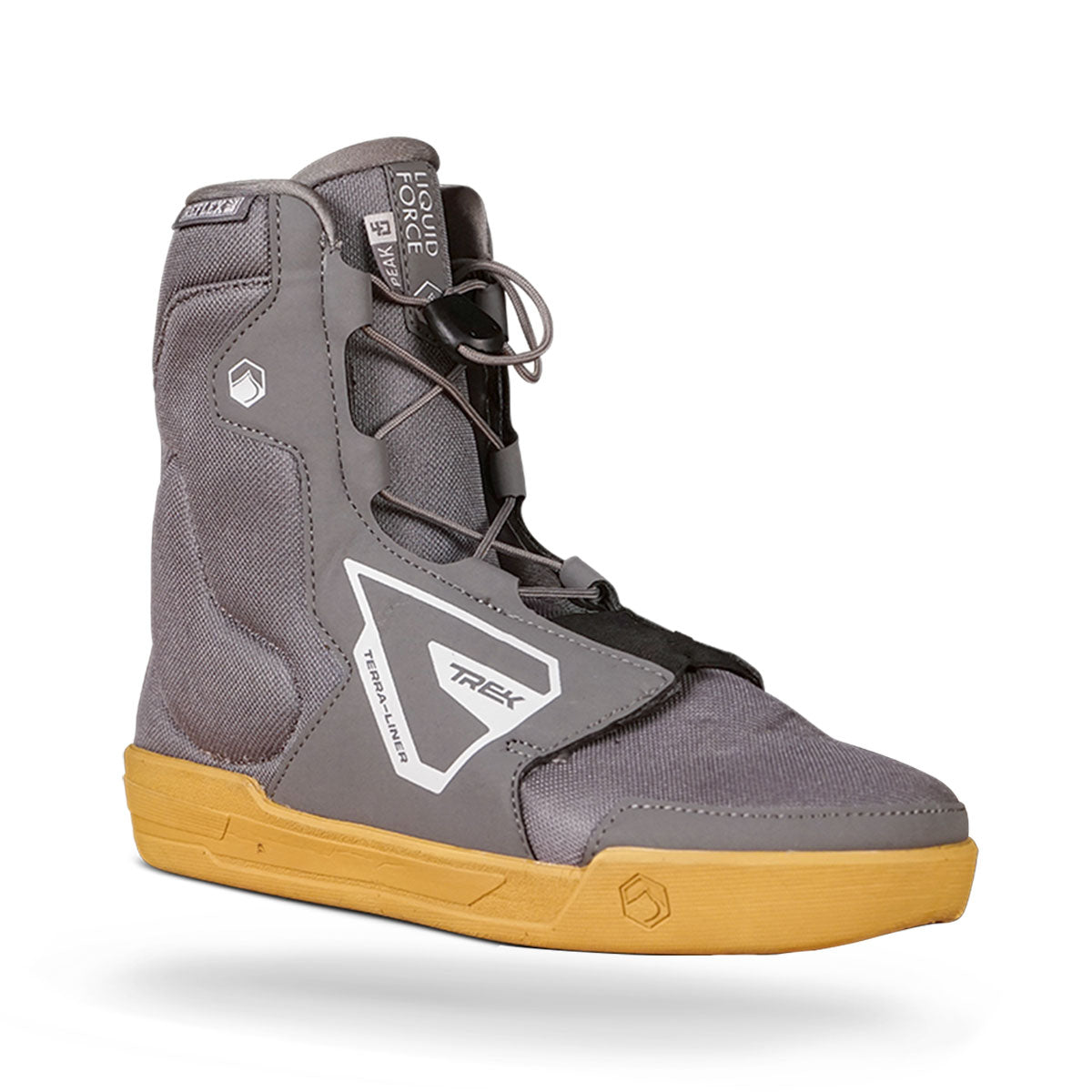 High-cuff gray wakeboard boot with a tan rubber sole, a sleek lace-up front, branding on the side and tongue, and is designed cable park riding.