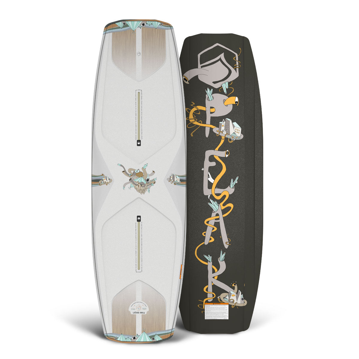 Top and bottom view of wakeboard with geometric and abstract designs, muted tones, and artistic animal elements.